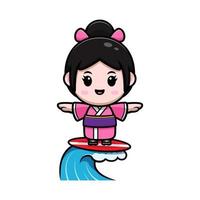 ragazza carina che indossa l'icona del fumetto della mascotte del kimono. illustrazione del personaggio mascotte kawaii per adesivo, poster, animazione, libro per bambini o altro prodotto digitale e di stampa vettore