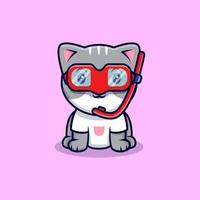 simpatico gatto che indossa un'illustrazione dell'icona di vettore del fumetto di occhiali da nuoto. stile cartone animato piatto