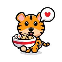 carino tigre amore ramen noodle mascotte dei cartoni animati vettore