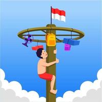 celebrazione della festa dell'indipendenza indonesiana con il tradizionale gioco del panjat pinang. arrampicata su palo vettore