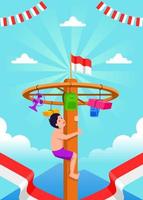 celebrazione della festa dell'indipendenza indonesiana con il tradizionale gioco del panjat pinang. arrampicata su palo vettore