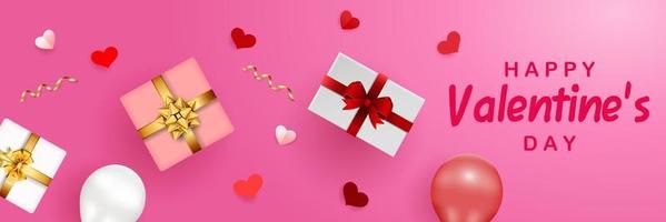 modello di banner di buon San Valentino con cuori di carta, scatole regalo e palloncini su sfondo rosa vettore