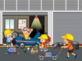 bambini che riparano un'auto insieme in garage vettore