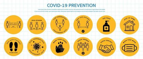 serie di misure di sicurezza per il coronavirus covid-19 e segnali di avvertimento di prevenzione. segni di prevenzione del coronavirus. misure di protezione di base contro il nuovo coronavirus. vettore