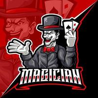 mago mostra poker con carte, illustrazione vettoriale del logo mascotte esports