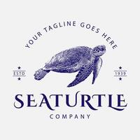 Sea Turtle logo vintage illustration, vettore, animale, oceano, design, grafico, simbolo, isolato, elemento, marino, silhouette, emblema, segno, disegno, disegnato, decorazione, icona, schizzo, subacqueo, rettile vettore