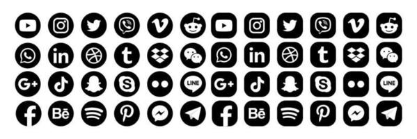 imposta le icone dei social media popolari. facebook, instagram, twitter, youtube, pinterest, behance, google plus, linkedin, whatsapp, snapchat, tiktok, tumblr, spotify, dropbox e molti altri vettore