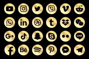 golden facebook, instagram, twitter, youtube, whatsapp, dribble, tiktok, linkedin, google plus e molte altre raccolte d'oro di popolari icone dei social media. vettore