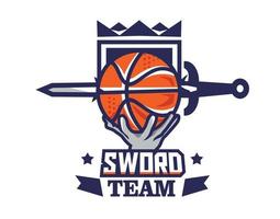 logo del pallone da basket con scudo e spada per squadre ed eventi vettore