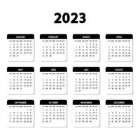 calendario 2023 anno. la settimana inizia domenica. modello di calendario inglese annuale 2023 vettore