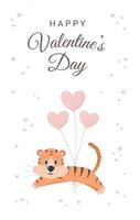 biglietto di auguri di buon San Valentino con tigre carina, palloncini, cuori e testo. illustrazione del fumetto di vettore in stile piatto.