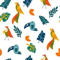 uccelli tropicali e foglie senza cuciture. sfondo di pappagalli e tucani. giungle. perfetto per la stampa su tessuto, abbigliamento, carta da imballaggio, carta da parati, oggetti per bambini. illustrazione vettoriale. vettore