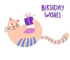 gatto con una confezione regalo. gattino carino divertente con regalo. perfetto per le vacanze di compleanno e Capodanno. illustrazione vettoriale disegnata a mano, banner o carta isolata su sfondo bianco