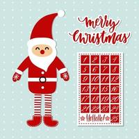 calendario dell'avvento con cartone animato babbo natale e vettore di scritte a mano.