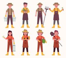 personaggi dei cartoni animati di agricoltori lavori agricoli e raccolta di prodotti locali. vettore