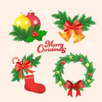 ghirlanda di Natale con rami verdi, pallina rossa e oro, bastoncino di zucchero, stella, foglia e fiocco. vettore
