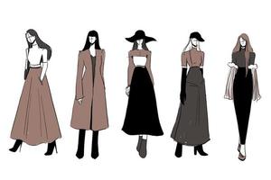 serie di schizzi di abiti di moda femminile belli e diversi.