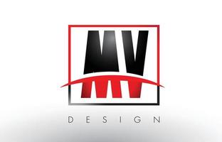 lettere del logo mv mv con colori rosso e nero e swoosh. vettore