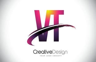 vt vt logo lettera viola con design swoosh. logo vettoriale creativo magenta lettere moderne.