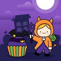 un bambino con un costume da diavolo tiene un tridente in un cimitero la notte di Halloween con i cupcakes. vettore