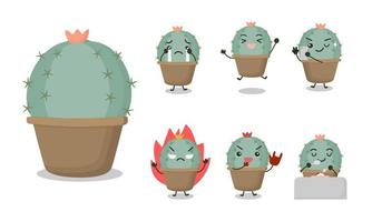 personaggi dei cartoni animati di cactus in varie pose ed emotivi come piangere, saltare, selfie, arrabbiarsi, esultare, mangiare. vettore