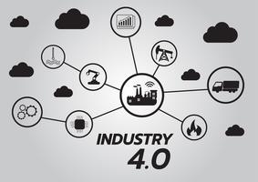 Icona del concetto di industria 4.0, Internet of things network, soluzione di fabbrica intelligente, tecnologia di produzione, robot di automazione con sfondo grigio vettore
