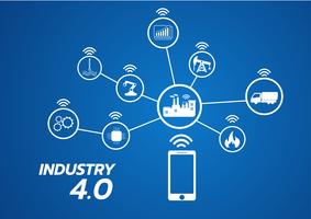 Icona del concetto di industria 4.0, Internet of things network, soluzione di fabbrica intelligente, tecnologia di produzione, robot di automazione con sfondo grigio vettore