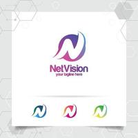 logo digitale lettera n disegno vettoriale con pixel colorati moderni per tecnologia, software, studio, app e business.