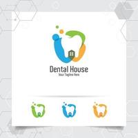 logo dentale dentista disegno vettoriale con il concetto di casa e icona del dente. cure dentistiche per ospedale, medico, clinica e salute.
