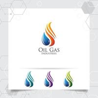 vettore di progettazione del logo del gasolio con il concetto di fuoco ardente e icona di goccioline di olio per l'industria mineraria e la lavorazione del carburante.