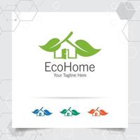 vettore di progettazione del logo della casa verde con il concetto di icona di casa e foglia illustrazione per immobili, proprietà, residenza e mutuo.