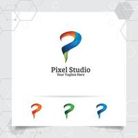 logo digitale lettera p disegno vettoriale con pixel colorati moderni per tecnologia, software, studio, app e business.