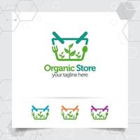 concetto di design del logo del carrello della spesa dell'icona del negozio online e del vettore vegetale biologico utilizzato per il commerciante, l'e-commerce e il supermercato.