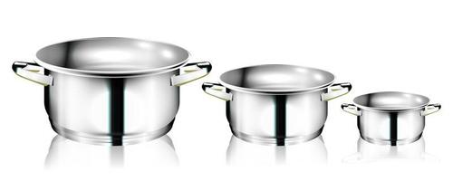 utensili da cucina in metallo realistici su sfondo bianco. set di pentole in acciaio con riflesso. Immagine 3d di utensili da cucina per illustrare ricette, cucinare