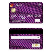 carta di credito vettoriale realistica su due lati, viola. carta di plastica di sconto per lo shopping. illustrazione vettoriale, design per carte bancarie
