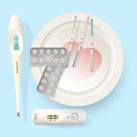 test di gravidanza isolato su sfondo bianco con termometro, piastra, strisce. disegno vettoriale per la decorazione di prodotti stampati