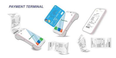 macchina di pagamento vettoriale e carta di credito. pos terminal conferma il pagamento con carta di credito addebito, fattura. illustrazione vettoriale in design piatto. concetto di pagamenti NFC. concetto di pagamenti NFC isometrici