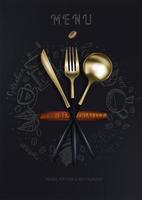 coltello forchetta d'oro e cucchiaio su sfondo nero con sagome di caffè. un poster moderno alla moda per un ristorante. illustrazione vettoriale della vista dall'alto.