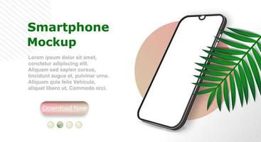 cornice per smartphone con schermo vuoto in ambiente tropicale con ramo di palma. mockup di smartphone realistico. disegno vettoriale, realistico, modello di smartphone. vettore