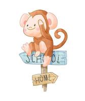 piccola scimmia che si siede sull'illustrazione di vettore del segno di legno della scuola