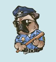 illustrazione divertente dell'ufficiale di polizia del cane del carlino del fumetto vettore