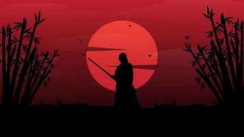 silhouette di vettore dell'annata del paesaggio giapponese del samurai