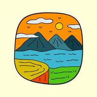 vista natura, montagna e mare - linea badge patch pin illustrazione grafica arte vettoriale design t-shirt