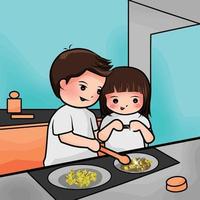 illustrazione delle coppie che cucinano sulla cucina vettore