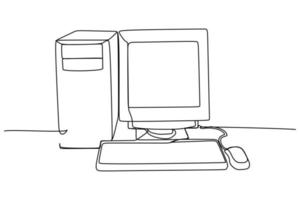 disegno a linea continua del desktop di un computer pc. compreso il mouse e il monitor della cpu della tastiera vettore