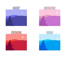 una raccolta di illustrazioni vettoriali di un uomo seduto su una montagna con una bellissima vista sulle montagne. illustrazione delle montagne al mattino, mezzogiorno, sera e notte