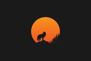 tramonto alba luna con sciacallo lupo per il vettore di progettazione logo avventura