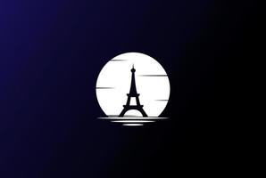 tramonto alba luna francese torre eiffel logo design vector