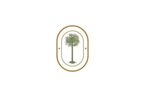 vettore di design del logo dell'autoadesivo dell'emblema del distintivo dell'etichetta dell'albero di cocco della palma retrò vintage