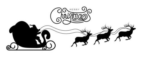 silhouette di slitta di renne di babbo natale con illustrazione vettoriale di testo di buon natale isolata su sfondo bianco